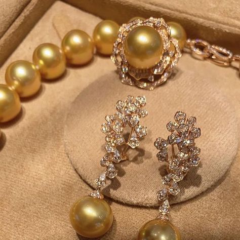 AnnaChong.Diamonds.Pearls.Gems on Instagram: "Unique “golden ”pleasure ; A collection golden pearls set. AAAA+ . If you are still not a golden pearls lover, maybe this set would change your mind ? . DM for details and inquiry @annachongfinejewelry Follow us @annachongfinejewelry . . . . . . #pearlset #pearlsjewelry #pearlrings #pearlnecklace #pearlnecklaces #pearlsjewellery #goldenpearl#yellowpearl #pearlearrings" Jewel Design, Diamond Necklace Designs, White Pearl Necklace, Fancy Jewellery, Pearl Set, Bead Jewellery, Diamond Bracelets, Pearl Ring, White Pearl