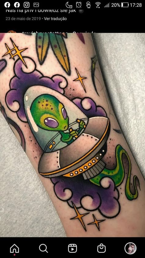 Colorful Alien Tattoo, Neo Traditional Alien Tattoo, Alien Tattoo Color, Alien Flash Tattoo, Tattoo Flash Color, Cute Alien Tattoo, Psycodelic Tattoo, Phycadelic Tattoo, Alien Tattoo Design