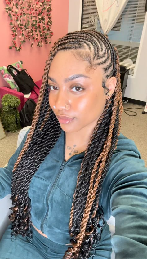 Dearra Cornrows, Braids With Individuals In The Back, Cornrow Passion Twist, Feed Ins With Knotless Braids, Half Straight Back Half Box Braids, Cornrows Curly Ends, Tyla Hairstyles Cornrows, Half Cornrows Half Box Braids Side Part, Lemonade Twists Hairstyles