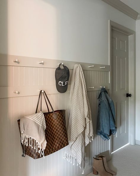 DIY in a Day: Shaker Peg Rail Wall and Trim Entryway Wall Pegs, Peg Rail In Kitchen, Hallway With Peg Rail, Pegboard Mudroom Entryway, Wall Of Hooks Entryway, Entry Peg Rail, Shaker Peg Rail Bathroom, Shaker Peg Rail Kitchen, Mudroom Boot Pegs