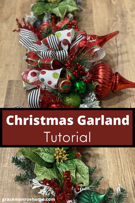 Learn to Make a Beautiful Christmas Garland for Your Mantle or Door! Christmas Mesh Garland Front Doors, Diy Lighted Garland Christmas, Making A Christmas Swag, Christmas Door Swags Diy Deco Mesh, Diy Christmas Garland With Ornaments, How To Make A Christmas Swag Tutorials, Easy Diy Garland Christmas, Diy Door Garland Christmas, How To Decorate Garland For Christmas