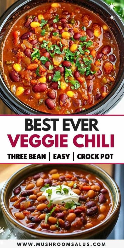 This hearty one pot vegetarian chili recipe is the ultimate comfort food! Packed with three types of beans, vibrant veggies, and a rich blend of spices, it's a crowd-pleaser perfect for any meatless meal. Easy to make in a crock pot, it's ideal for busy days and meal prepping. Garnish with your favorite toppings and enjoy! Tap to save the recipe and spice up your snack game! Easy Vegetarian Crockpot Soup, Lunch For Vegetarians, Chili Bean Casserole Recipes, Meals To Make With Beans, Slow Cook Vegan Recipes, Slow Cooker Soup Recipes Vegetarian, Meatless Crock Pot Meals, Mexican No Meat Recipes, Vegetarian Food For A Crowd