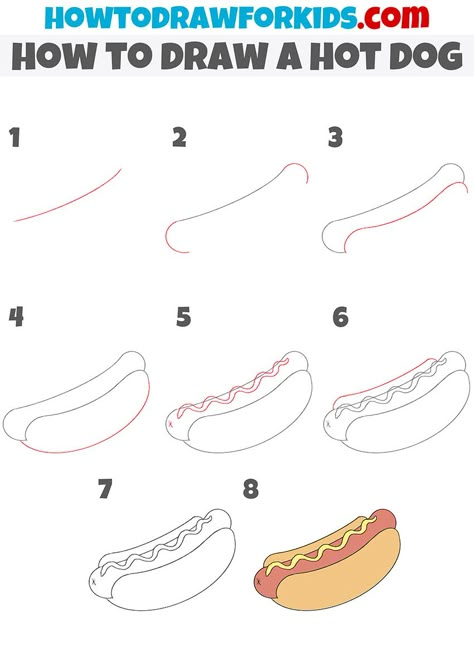 How to Draw a Hot Dog - Easy Drawing Tutorial For Kids How To Draw A Hot Dog, Hot Dog Drawing Easy, Hot Dog Painting, How To Draw Food Step By Step, Hot Dog Doodle, Hot Dog Craft, How To Draw Food, Dog Easy Drawing, Food Drawing Sketches