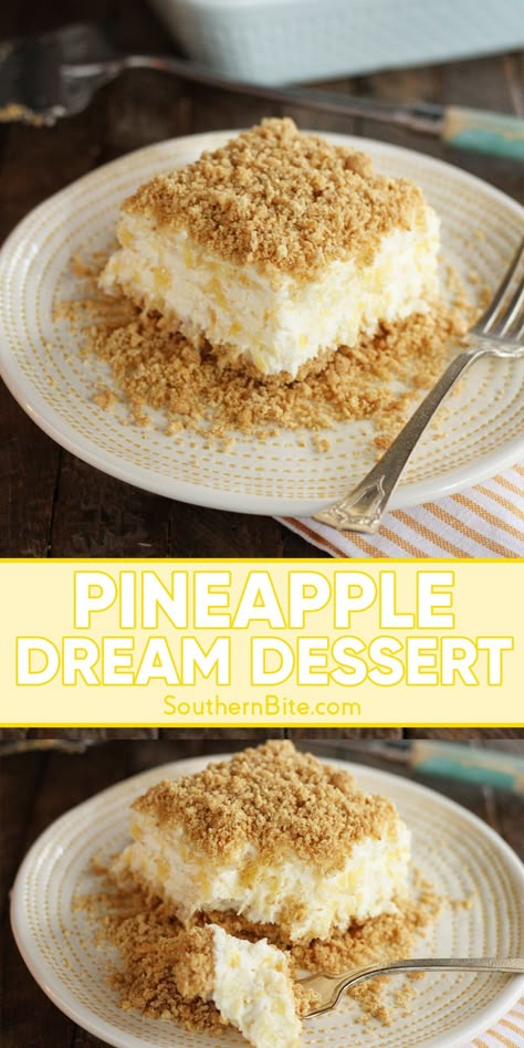 This Pineapple Dream recipe creates a light, fluffy dessert of crushed pineapple, cream cheese, and whipped topping between layers of graham cracker crust. Pineapple Whipped Cream Dessert, Pineapple Cream Pie Recipe, Pineapple Cream Cheese Dessert, Pineapple Cream Cheese Cool Whip Dessert, No Bake Pineapple Cream Cheese Dessert, No Bake Pineapple Lush Dessert, Pineapple Dessert Easy, Cold Dessert Recipes, Cream Cheese Recipes Dessert