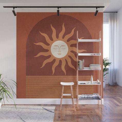 Yoga Studio Mural, Mid Century Mural, Sun On Wall, Boho Mural Wall, Sun Mural, Boho Mural, Boho Restaurant, Studio Aesthetics, Geometric Mural