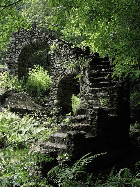 Ruins of Madame Sherri's country castle.  She was a costume designer for the Ziegfeld Follies at one time.  More about Madame Sherri: http://www.nashuatelegraph.com/living/travel/759932-224/chesterfield-home-to-ruins-of-madame-sherris.html  Photo by Andy Chase. Stone Bridge, Castle Ruins, Stairway To Heaven, The Secret Garden, Old Stone, Abandoned Buildings, Magical Places, To Heaven, Nature Aesthetic