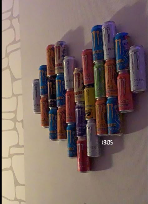 Soda Can Art Projects, Monster Wallpaper Energy, Things You Can Do With Monster Cans, Monster Energy Drink Decorations, Energy Drink Room Decor, Alani Can Crafts, Crafts To Make With Monster Cans, Monster Can Wall Decor, Soda Can Decor