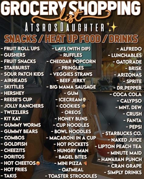 Grocery Shopping Aesthetic List, Store List Ideas, Snack List Ideas, Shopping Lists Aesthetic, Snack Grocery List, Snacks To Get At The Grocery Store, Snacks Grocery List, Food List Grocery, Grocery List Ideas