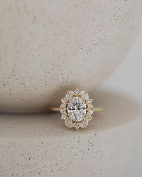 Image @oliveavejewelry Engagement Rings Olive Ave, Vintage Halo Oval Engagement Rings, Vintage Halo Wedding Rings, Antique Vintage Engagement Rings, Olive And Ave Rings, Oval Cut Halo Engagement Ring, Olive Ave Engagement Rings, Antique Oval Engagement Rings, Antique Cut Engagement Ring