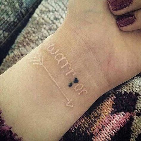 semicolon-tattoos-03 Places For Small Tattoos, Arrow Tattoo On Wrist, Tattoos Dainty, Tattoo Son, Small Tattoo Placement, Arrow Tattoo Design, Tattoo Wrist, White Ink Tattoo, Semicolon Tattoo