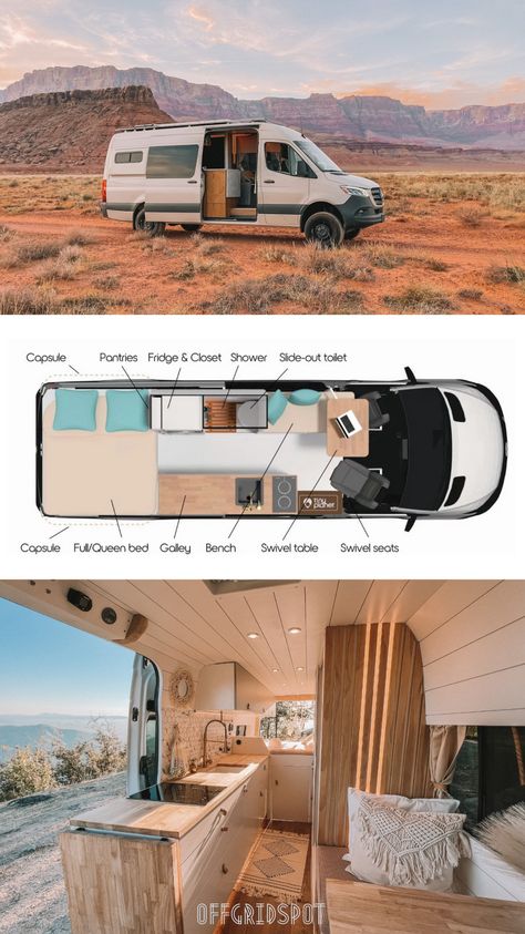 Tiny Planet Van Builders Sprinter Conversion Diy Motorhome, Sprinter Van Conversion Floor Plan, Van Life Sprinter, Van Ideas Campervan, Vanbuild Layouts, Diy Travel Van, Converted Vans Layout, Van Project, Sprinter Van Conversion Layout 170