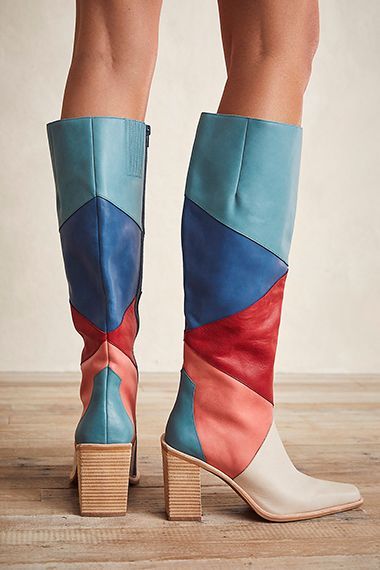 Patchwork Boots, Free People Boots, Off White Belt, Colored Boots, Shoes Boots Heels, Boho Boots, Vegan Boots, Free People Shoes, Boots Heels