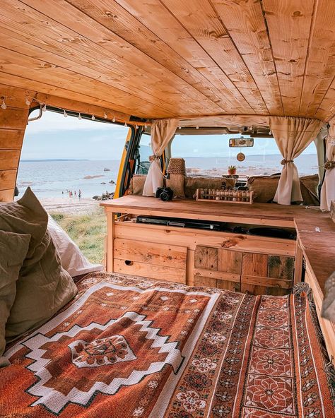 Camping In Van, Cedar Van Interior, Inside Van Aesthetic, Traveling In A Van Aesthetic, Living In Van Aesthetic, Hippy Van Life, Inside Van Ideas, Volkswagen Van Living, Boho Sprinter Van