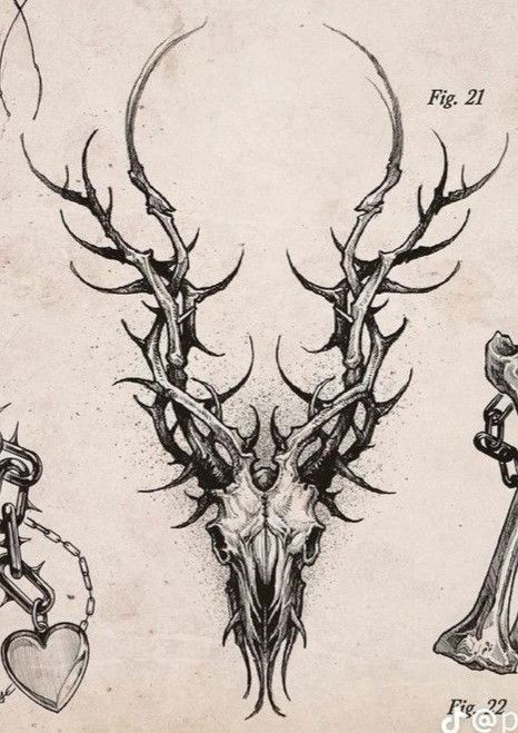 Hawkhatesyou Tattoos, Horned Skull Tattoo, Deer Skull Back Tattoo, Deer Horns Tattoo, Skull With Horns Drawing, Dark Creepy Tattoos, Fine Line Gothic Tattoo, Creepy Tattoo Stencil, Thigh Tattoos Women Goth