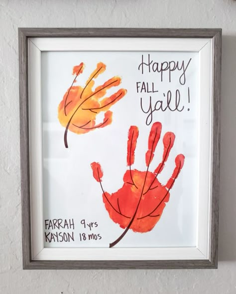 Fall Kids Handprint Crafts, Kids Fall Handprint Art, Fall Grandparent Craft, Handprint Fall Leaves, Toddler Fall Paint Crafts, Hand Print Leaves Fall Crafts, Hand Print Thanksgiving Art, Baby Art Projects Fall, Fall Leaves Handprints