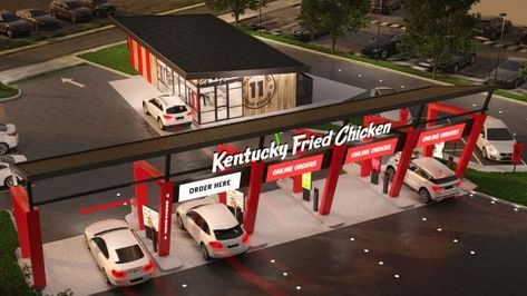 KFC will open its first ever drive-through only store to speed-up the service of fried chicken and to cater to the rapidly growing food delivery industry through companies such as Deliveroo and Menulog. Fast Food Store Design, Drive Thru Coffee Stand, Drive Thru Restaurant, Kfc Restaurant, Restaurant Exterior Design, Outdoor Eating Area, Community Ideas, Car Wash Business, Container Cafe