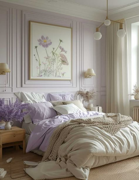 Bedroom Lilac Walls, Lilac Purple Bedroom Ideas, Light Color Bedroom Walls, Light Lilac Paint Color, Cream And Lavender Bedroom, Lilac And Green Room, Lilac And Blue Bedroom, Bedroom Ideas Light Colors, 2 Color Wall Paint Ideas Bedroom