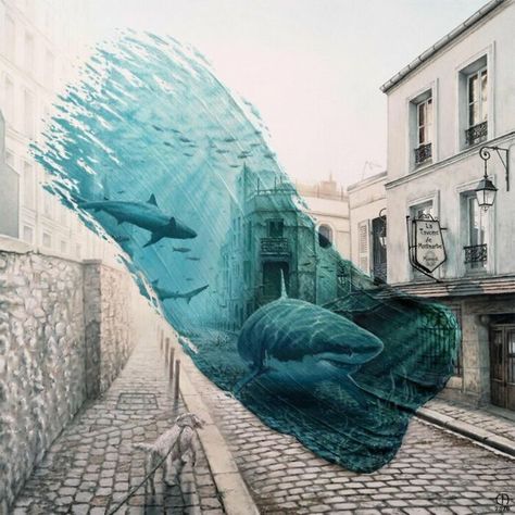 Sharks In Montmartre David Ambarzumjan, Flower Mural, Time Painting, Surrealism Painting, A Level Art, Famous Art, 판타지 아트, Mural Art, Abstract Landscape