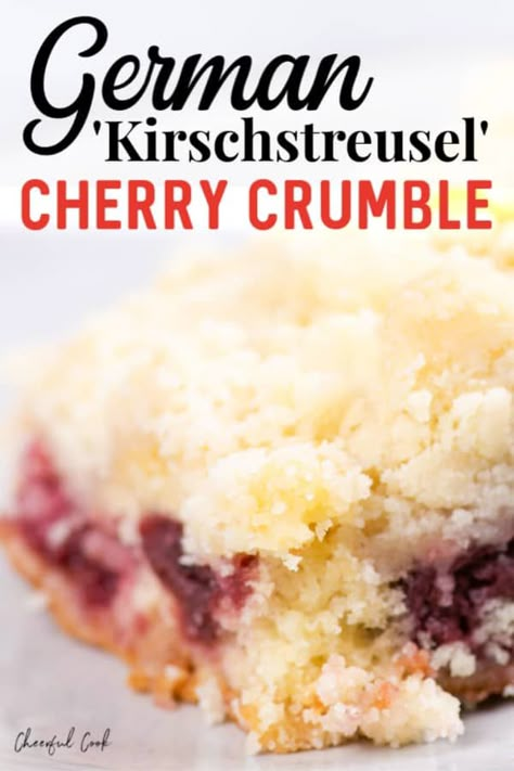 This homemade cherry crumble is an easy yet perfectly moist dessert. Made with just a few simple ingredients like flour, sugar, butter, eggs, and of course cherries, it has a moist base and a classic crumble on top. It’s a truly delicious German treat. Cherry Crumble Recipe | Easy Coffee Cake | Kaffee und Kuchen #cheerfulcook #cherrycrumble #germandessert #streusel #germanfood ♡ cheerfulcook.com October Fest Desserts, International Recipes Dessert, German Desserts Authentic, Crumble Recipe Easy, Cherry Crumble Recipe, Cheese Wafers, Easy Coffee Cake, German Dessert, Easy German Recipes