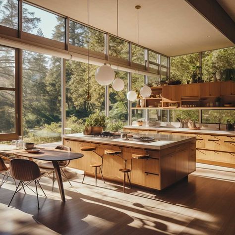 Midcentury Modern Architecture Interiors, Mid Century Modern House Layout, Midcentury Modern Open Concept, Mid Century House Layout, Mid Century Open Kitchen, Mid Century Layout, Mid Century Interior Design Kitchen, Midcentury Modern Barndominium, Open Home Layout