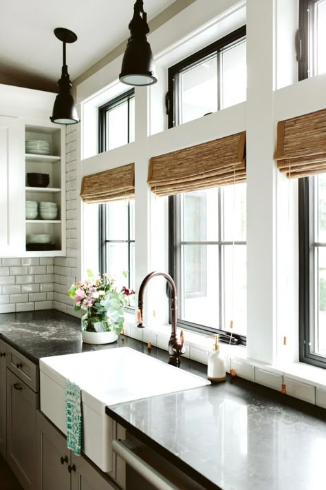 Blinds Modern Farmhouse, Modern Farmhouse Bathroom Blinds, Industrial Farmhouse Window Treatments, Lake House Window Blinds, Blinds For Modern Farmhouse, Modern Farmhouse Shades, Window Coverings Farmhouse Style, Black Windows Interior Modern Window Treatments, Modern Farmhouse Interior Windows