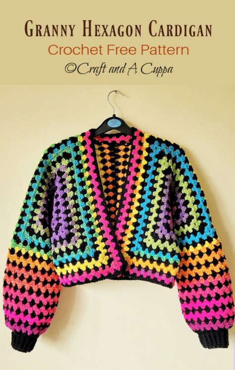 Hexie Cardigan Pattern, How To Crochet Cardigan Sweater, Granny Hexi Cardigan, Hexi Cardi Crochet Pattern, Crochet Jacket Granny Square, Hexagon Sweater Crochet Pattern Free, Crochet Granny Square Hexagon Cardigan Free Pattern, Granny Hexagon Crochet Free Pattern, Hexagon Cardigan Crochet Tutorial