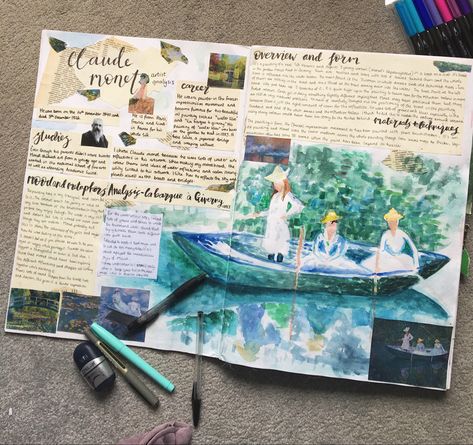 Gcse art research and analysis, claude monet, watercolour copy Igcse Boards Art, Watercolour Gcse Sketchbook, Gcse Artist Analysis Page, Artist Research Page Natural Forms, Claude Monet Artist Study, Art Gcse Analysis, Artist Analysis Sketchbook, Art Analysis Gcse, Artist Copy Gcse