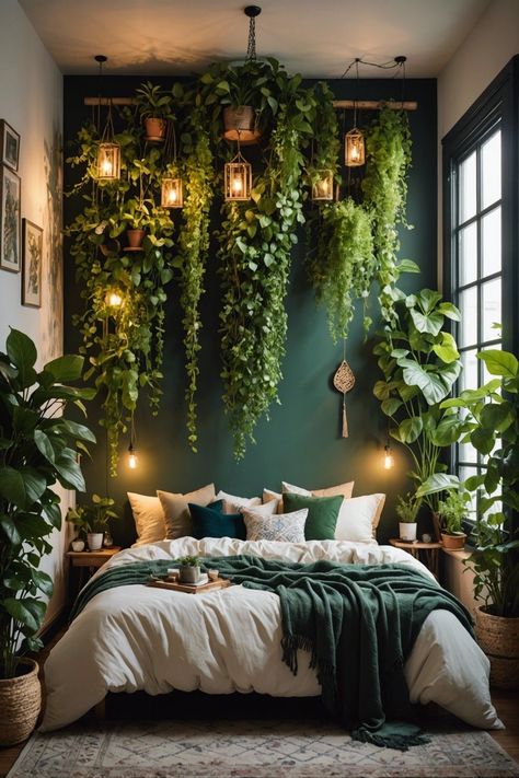 Jungle Bedroom, Stunning Aesthetic, Dream Bedroom Inspiration, Romantic Ambiance, Boho Style Bedroom, Dark Theme, Bedroom Setup, Green Walls, Bedroom Plants