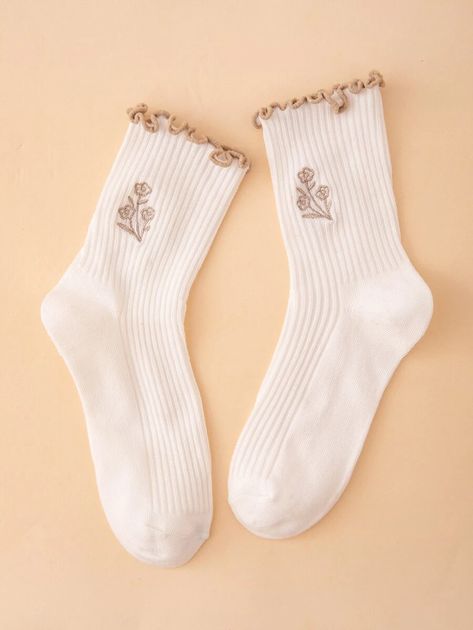 Flower Embroidered Crew Socks | SHEIN USA Embroidery On Socks Diy, Socks Embroidery Diy, Sock Embroidery Ideas, Embroidery Socks Ideas, Embroidered Socks Diy, Hand Embroidered Socks, Embroider Socks, Embrodery Socks, Embroidery On Socks