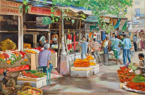 Village Watercolor, Market Painting, Flowers Indian, Watercolor Beautiful, Paintings Flowers, Memory Drawing, Composition Drawing, Perspective Sketch, Composition Painting