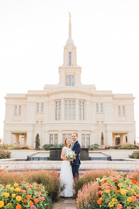 Do you have an upcoming autumn wedding? Here are some photo ideas for your outdoor bridal photoshoot at the Payson, Utah Temple. As professional Utah wedding photographers, we know all of the prettiest photo locations in Utah and can help you get your dream wedding pictures. Modest wedding dress, Utah bridal photos, Utah wedding photography, Utah photo locations, Utah bride and groom, Tasha Rose Photography, Utah bridal pictures, Utah bridal locations, Utah bridal photography, Latter-day bride. Temples Photography, Temple Wedding Pictures, Payson Utah Temple, Temple Sealing, Payson Temple, Latter Day Bride, Lds Bride, Temple Photography, Utah Temples