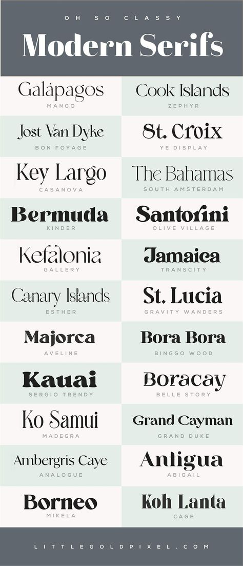 40 Modern Serif Fonts to Elevate Your Designs • Little Gold Pixel • In which I round up 40 modern serif fonts that make luxury and elegance accessible. For retro and sophisticated designs alike. Luxurious Fonts Typography, Fonts For Comics, Rounded Serif Font, Fonts For Photoshop, Graphic Design Fonts Free, Modern Type Design, Canva Serif Font, Fonts For Design, Best Typography Fonts