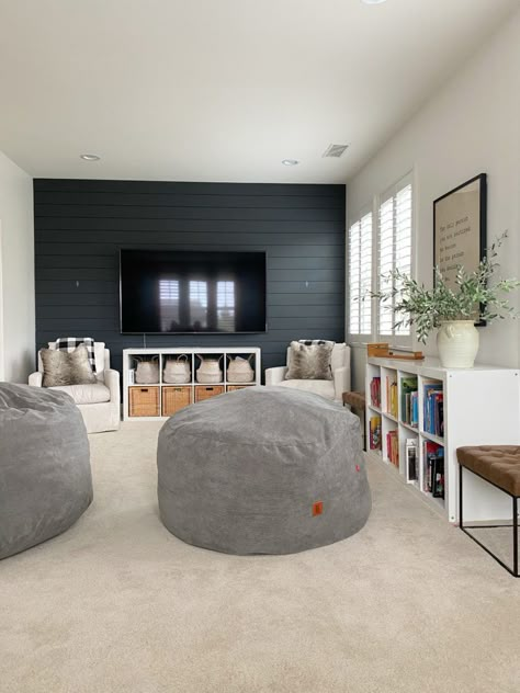 Teenage Hangout Room Ideas Basements, Playroom And Lounge Room, Functional Playroom Family Rooms, Media Room And Playroom, Small Loft Ideas Upstairs Kids, Teenage Rec Room, Media And Playroom Ideas, Small Media Room Ideas Cozy, Family Chill Room