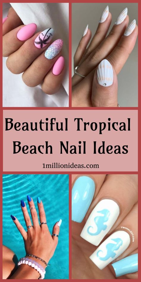 Beautiful Tropical Beach Nail Ideas Cozumel Nails, Florida Trip Nails, Island Nail Ideas, Nails For Aruba Vacation, Vacation Nail Art Designs, Flip Flop Nails Design, Cruise Nail Ideas Bahamas, Nails For Caribbean Vacation, Easy Tropical Nail Designs