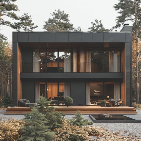 Modern House In The Woods Exterior, Modern Industrial Exterior, Wooden House Design Interior, Loft House Exterior, Wooden House Interior Design, Wooden House Interior, Industrial House Exterior, Modern Wooden House, Modern Mountain House