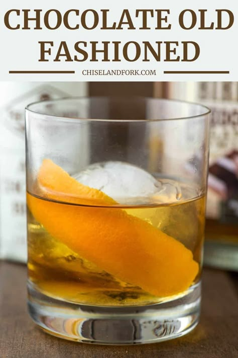 By adding chocolate bitters and chocolate whiskey, this chocolate old fashioned is a unique twist on a classic cocktail. #chocolateoldfashioned #oldfashioned #cocktail | chiselandfork.com Old Fashioned Recipes Cocktail Twists, Chocolate Old Fashioned Cocktail, Chocolate Bitters Cocktail, Chocolate Old Fashioned, Cigars And Bourbon, Southern Drinks, Chocolate Bitters, Boozy Treats, Bourbon Smash