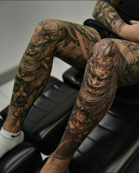 Tattoo Japonais, Calf Tattoo Ideas, Japanese Leg Tattoo, Koi Tattoo Sleeve, Tattoo Perna, Oni Tattoo, Japanese Legs, Real Tattoos, Full Leg Tattoos