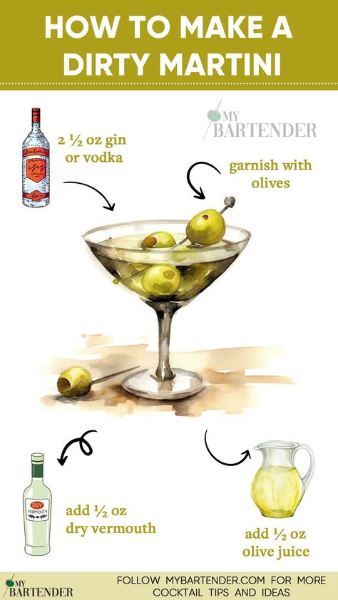 Embrace the bold sophistication of a Dirty Martini! 🌿✨ Blend premium gin or vodka with a splash of briny olive juice for a perfectly balanced sip. Garnish with plump olives for the ultimate savory touch. Elevate your at-home mixology experience and enjoy the allure of a perfectly crafted Dirty Martini. Cheers to bold flavors and timeless elegance! 🌟🍹 #DirtyMartini Extra Dirty Gin Martini Recipe, Olive Martini Recipe, Dirty Martini Recipe With Gin, Big Batch Martini Recipe, Filthy Martini Recipe, How To Make A Martini, Gin Martini Recipes, Dirty Gin Martini, Vodka Martini Recipes