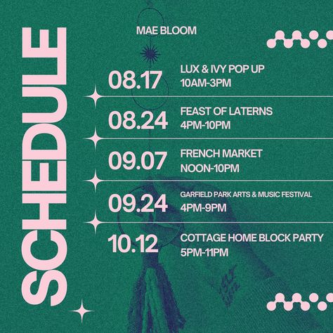 ✨ EVENT SCHEDULE ✨ What.A.Lineup. Big Events with Big Energy! I hope to see you at one, a few, or them all!! Free Admission to them all too!! ✨ 8/17 Pop up with our friends at Lux & Ivy @luxandivyshop Small Biz Pop Up with some of our Local Loves 🫶 8/24 Feast of Laterns @feastoflanterns Literally can’t wait to finally attend as a vendor and hope to see you all there!! 9/7 French Market at St. Joan of Arc @sjoaindy This is my first year attending as a vendor but we’ve been going to thi... Event Rundown Layout Design, New Year Schedule, Schedule Of Events Design, Event Inspiration Creative, Minimal Event Poster, Event Itinerary Design, Fitness Event Poster, Events Schedule Design, Event Graphic Design Inspiration