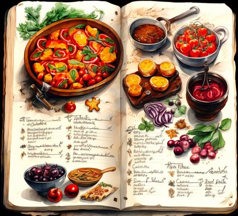 Food Illustrations Recipe, Food Digital Art Illustrations, Vintage Recipe Illustration, Recipe Coloring Pages, Vintage Recipe Book Aesthetic, Old Recipe Book Aesthetic, Hand Written Cookbook, Handmade Cookbook Ideas, Food Recipe Illustration