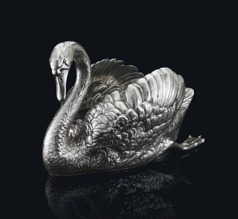 A MASSIVE SILVER SWAN-FORM CENTREPIECE MARKED FABERGÉ WITH THE IMPERIAL WARRANT, WITH THE WORKMASTER'S MARK OF JULIUS RAPPOPORT, ST PETERSBURG, 1899-1904, SCRATCHED INVENTORY NUMBER 11571.   Price realised: GBP 79,250 (USD 103,025).  26/11/12.  | Christie's Artist Thoughts, Faberge Jewelry, Silver Swan, Swan Song, Faberge Eggs, Silver Ornaments, Russian Art, Silver Art, Swans