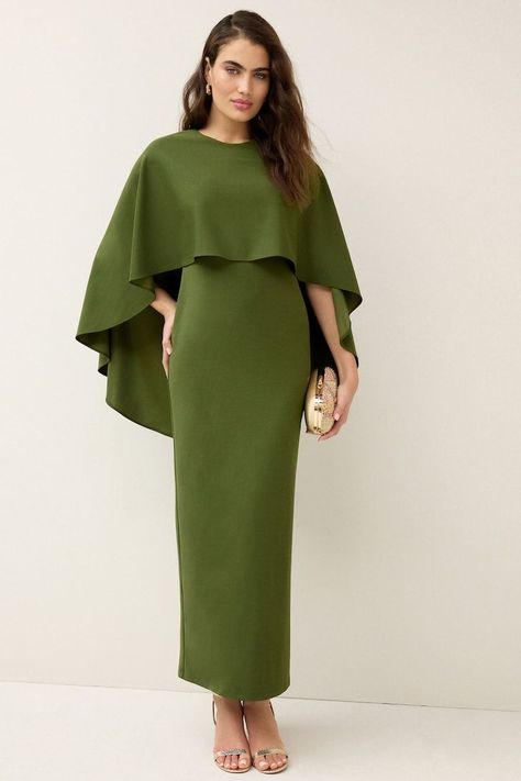 Mother Of The Bride Dresses With Cape, Cape Over Dress, Modest Dress Wedding Guest, Olive Green Dress Outfit Wedding, Green Smart Casual, Sewing Maxi Dress, Cape For Dress, Modest Wedding Guest Dress, Mum Wedding