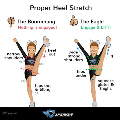 Cheerleaders: a boomerang is not a cheer shape! Work on the progression of your heel stretch with correct muscle engagement and technique to stay more stable in the air! #CheerTipTuesday #BodyBeforeSkill   #CheerTips #CheerTipTuesday #Cheerleading #Cheer #CheerStunts #CheerTeam #Cheerleaders Stretches For Heel Stretch, How To Do Heel Stretch, How To Get Heel Stretch, How To Do Cheer Stunts, How To Get Your Heel Stretch, Heel Stretch Cheerleading, Cheer Heel Stretch, Cheer Kicks, How To Become A Cheerleader