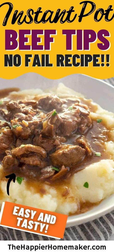 Instant Pot Beef Tips are tender and flavorful thanks to pressure cooking in a savory brown gravy. Serve these easy beef tips over mashed potatoes or rice for the ultimate comfort food meal. Easy Beef Tips And Gravy Instant Pot, Instant Beef Tips, Sirloin Beef Tips Recipes Instant Pot, Instant Pot Baked Steak And Gravy, Stewed Beef Instant Pot Recipes, Recipe With Stew Meat Instant Pot, Ninja Foodi Beef Tips And Gravy, Easy Beef Tips Recipe Instant Pot, Instant Pot Recipes Beef Tips And Gravy