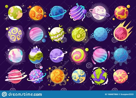 Vector Set Of Cartoon Planets. Colorful Set Of Isolated Objects. Space Background. Fantasy Planets. Colorful Universe. Game Design Stock Vector - Illustration of crater, game: 166687866 Cartoon Planets, Fantasy Planets, Planet Project, Background Fantasy, Drawing Colorful, Planet Drawing, Planet Art, Planet Design, Space Background