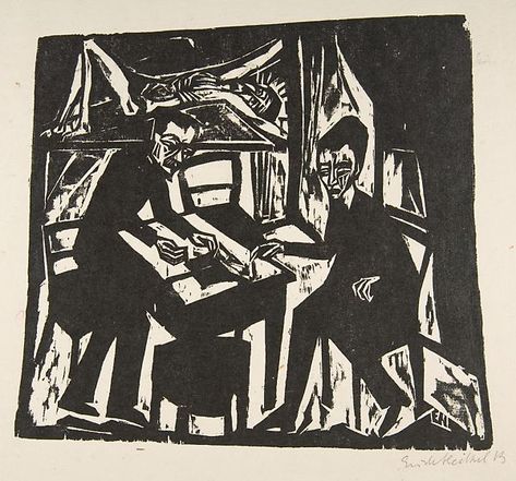 Erich Heckel | Two Men at a Table | The Met Erich Heckel, Emil Nolde, Ludwig Kirchner, Woodcut Prints, Ernst Ludwig Kirchner, Franz Marc, German Expressionism, Relief Printing, Linocut Art