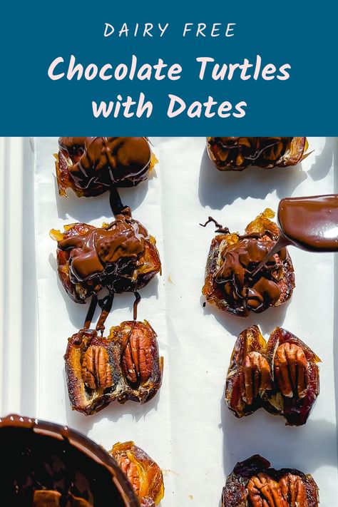 Chocolate Turtles with Dates. Date Turtles Recipe, Homemade Chocolate Turtles, Date Turtles, Turtle Bark Recipe, Date Pecan Turtles, Turtle Candy With Dates, Medjool Date Recipes, Turtle Chocolates, Dates Almond Butter Chocolate