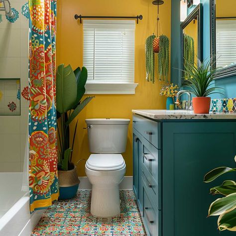 Small Toilets For Small Bathrooms, Small Bohemian Bathroom Ideas, 70s Yellow Bathroom, Small Bathroom Eclectic, Half Bathroom With Wallpaper, Eclectic Small Bathroom, Two Toned Bathroom, Vintage Small Bathroom Ideas, Ecclectic Bathroom