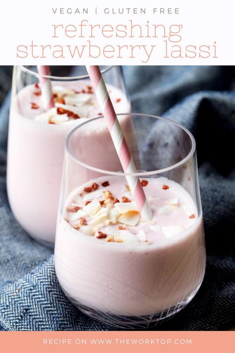 This Strawberry Lassi with Rose is a fruity and refreshing drink that is healthy to serve at the breakfast table or as an afternoon snack. Made with coconut yogurt to give it a creamy texture, this lassi recipe is vegan and easy to make. Recipe from www.theworktop.com. #lassi #strawberrylassi #vegan #rosewater #quickandhealthy #glutenfree Rose Water Recipes, Recipes With Rose Water, Rose Water Recipe Food, Rose Water Recipe, Ramadan Drinks, Strawberry Lassi, Lassi Recipes, Harry Potter Golden Snitch, Healthy Afternoon Snacks