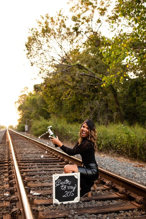 #30birthday #30 #birthday Railroad Photoshoot Ideas, Dirty 30 Photoshoot, Railroad Photoshoot, 30 Photoshoot, Track Pictures, 30 Birthday, Dirty 30, Train Tracks, Birthday Photoshoot